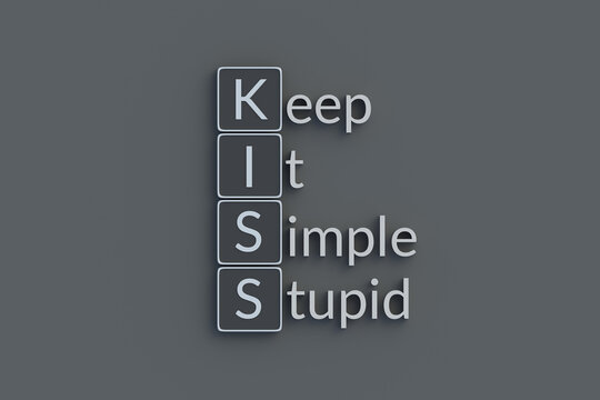 KISS Keep it simple stupid metallic inscription. Acronym or abbreviation. Top view. 3d render.