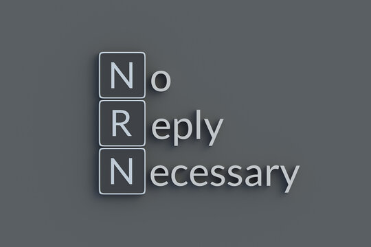 NRN No reply necessary metallic inscription. Acronym or abbreviation. Top view. 3d render.