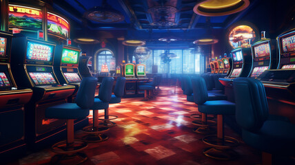 Casino hall for gambling, roulette and slot machines, background banner - obrazy, fototapety, plakaty
