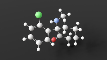 esketamine molecule, molecular structure, miscellaneous, ball and stick 3d model, structural chemical formula with colored atoms