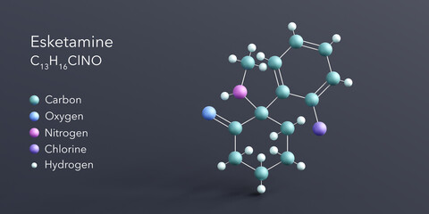 esketamine molecule 3d rendering, flat molecular structure with chemical formula and atoms color coding