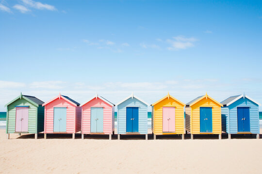 Beach huts on Brighton Beach, Melbourne, Australia. Travel background.