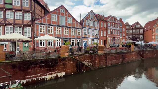 Rain on embankment historical center of Hanseatic city Stade, Lower Saxony, Germany, Europe July 12, 2023. High quality 4k footage
