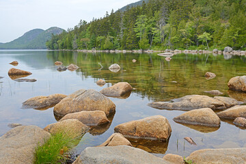 Wonderful Jordan Pond, one of park's most pristine lakes. Glaciers carved landscape, leaving behind numerous geological features. Acadia National Park, Maine, United States