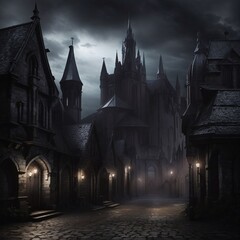 Generative Ai, Background Only, Dark Fantasy, Gothic Town, 