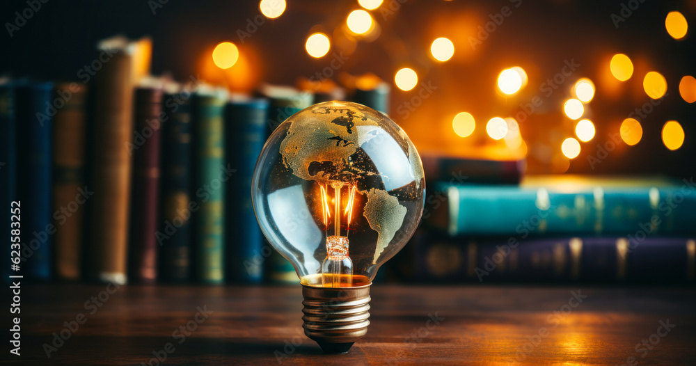 Poster a light bulb with illuminated globe earth map inside sitting on top of a wooden table with blurry bo