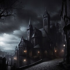 Generative Ai, Background Only, Dark Fantasy, Gothic Town, 