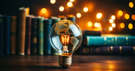 a light bulb with illuminated Globe Earth map inside sitting on top of a wooden table with blurry books in the background and bokeh effect. Global Education Week concept banner