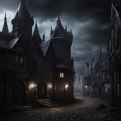 Generative Ai, Background Only, Dark Fantasy, Gothic Town, 