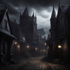 Generative Ai, Background Only, Dark Fantasy, Gothic Town, 