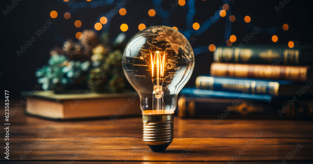 Poster a light bulb with illuminated globe earth map inside sitting on top of a wooden table with blurry bo
