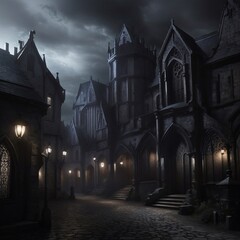 Generative Ai, Background Only, Dark Fantasy, Gothic Town, 