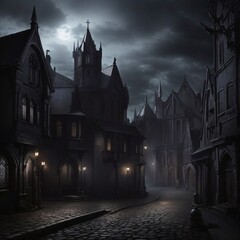Generative Ai, Background Only, Dark Fantasy, Gothic Town, 