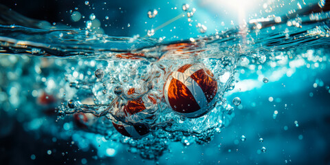 a close up of Water Polo balls in the water.