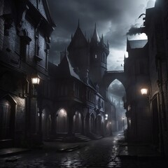 Generative Ai, Background Only, Dark Fantasy, Gothic Town, 