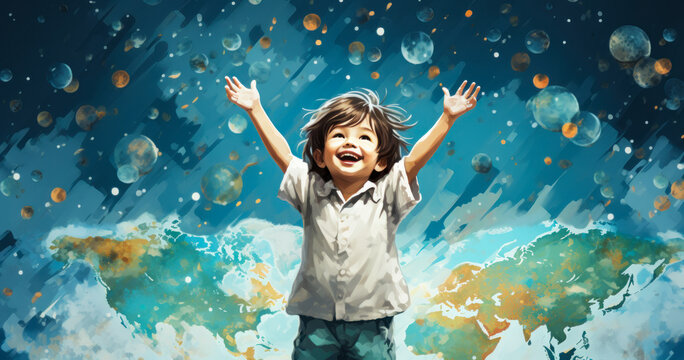 Illustration of happy smiling young child on World Map background. World Children's Day concept banner
