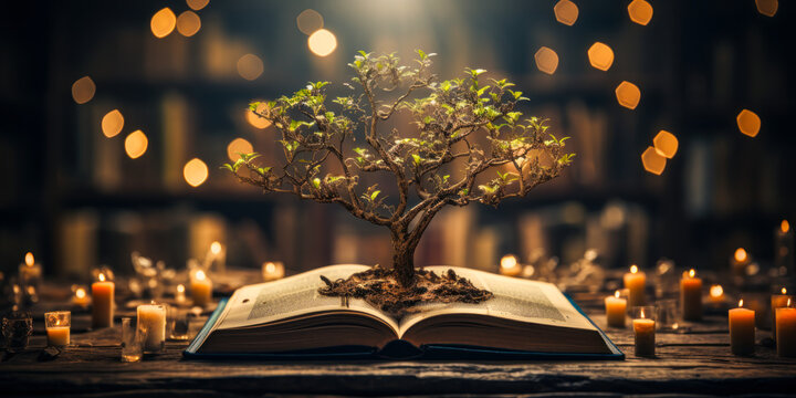 World philosophy day concept with tree of knowledge planting on opening old big book in library