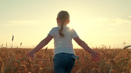 Child girl run across wheat field, sunset. Little girl runs on wheat field, wants to be superhero....