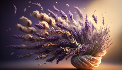 A beautiful conceptual bouquet of lavender with wind and whirlwind flying to the side.Generative AI - obrazy, fototapety, plakaty