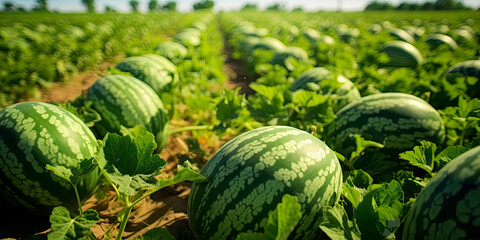 Mature big watermelons in the watermelon field, background blurry.  - obrazy, fototapety, plakaty