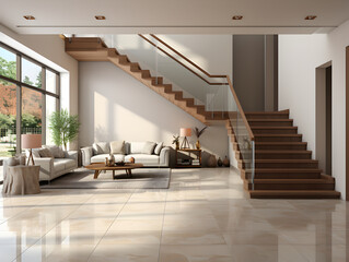 Interior design of a modern entrance hall with a staircase in a villa. Bright colors of finishing materials. Generative AI.