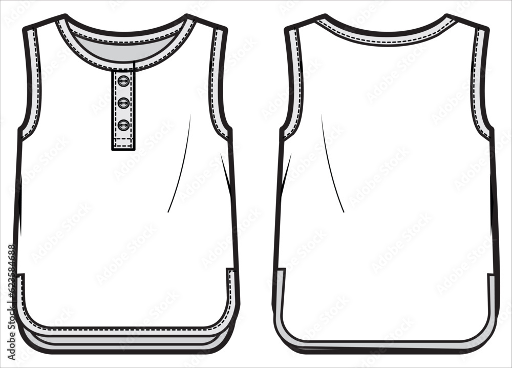 Wall mural Baby boy sleeveless tank top vest design flat sketch fashion illustration drawing template mock up with front and back view. Toddler baby boy and girl hanley neck vest T shirt top cad drawing - Wall murals
