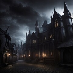 Generative Ai, Background Only, Dark Fantasy, Gothic Town, 
