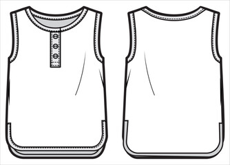 Baby boy sleeveless tank top vest design flat sketch fashion illustration drawing template mock up with front and back view. Toddler baby boy and girl hanley neck vest T shirt top cad drawing