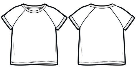 Baby girl and boy raglan sleeve Crew neck T Shirt flat sketch fashion illustration drawing template mock up with front and back view. Toddler baby boy and girl T shirt top cad vector template