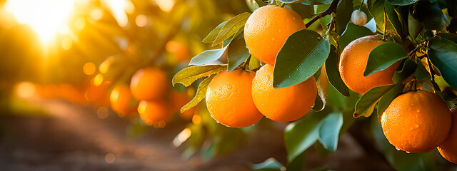 A branch with natural oranges on a blurred background of an orange orchard at golden hour. The...