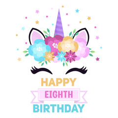 Greeting card with cute flower colorful unicorn. Eighth birthday. 8 years celebration. Birthday template.  Vector illustration in a flat style.