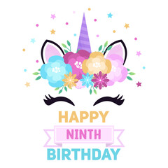 Greeting card with cute flower colorful unicorn. Ninth birthday. 9 years celebration. Birthday template. 
 Vector illustration in a flat style.
