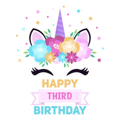 Greeting card with cute flower colorful unicorn. Third birthday. 3 years celebration. Birthday template. 
 Vector illustration in a flat style.