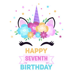 Greeting card with cute flower colorful unicorn.  Seventh birthday. 7 years celebration. Birthday template. Vector illustration in a flat style.