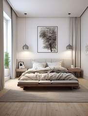 bedroom with a double bed in a scandinavian-style apartment