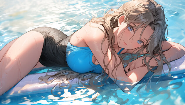 Girl in swimsuit relaxing on inflatable deckchair. Summer vacation concept. Illustration in anime and manga style. Created with Generative AI.
