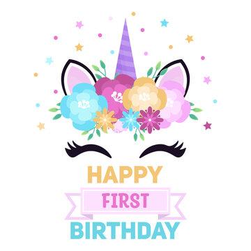 Greeting card with cute flower colorful unicorn. First birthday.  1 year celebration. Birthday template. Vector illustration in a flat style.