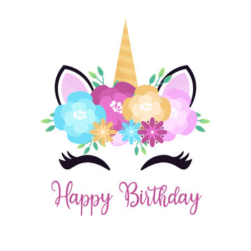 Greeting card with cute flower colorful unicorn. Birthday celebration. Birthday template. Vector illustration in a flat style.