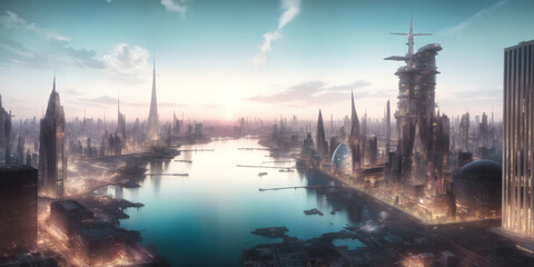 Obraz premium Futuristic urban skyline,Fictional City Skyline,