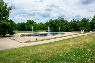 Castle garden with park and fountain in Slavkov (Austerlitz) castle, Czech Republic.