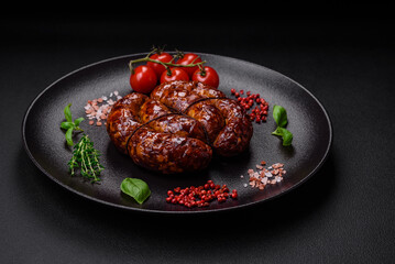 Delicious grilled sausage in the form of a ring with salt, spices and herbs