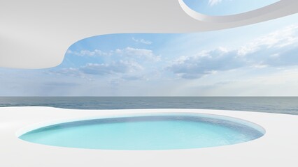 Futuristic minimalist architecture curved building and beautiful seascape view 3d render