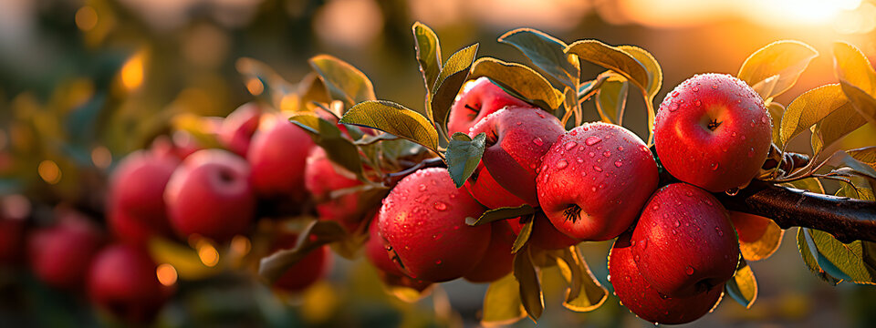 A branch with natural apples on a blurred background of an apple orchard at golden hour. The concept of organic, local, seasonal fruits and harvest	
