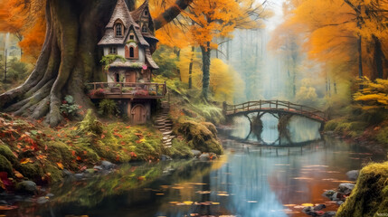 Autumn Serenity: Colorful Hippie House Reflecting in River Amidst Forest - generative ai