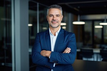 Obraz premium Happy middle aged business man ceo standing in office arms crossed. Smiling mature confident professional executive manager, proud lawyer, businessman leader wearing blue suit