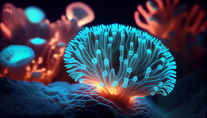 Bioluminescent coral at the bottom of the sea, created with ai tool 