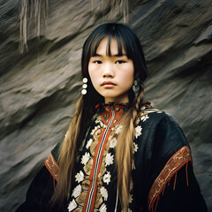 Exquisite Portrait of a Young Ainu Woman in Traditional Attire - generative ai