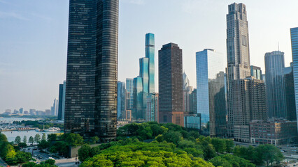 Aerial view of Chicago lakefront and city skyline