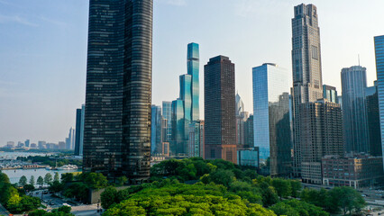 Aerial view of Chicago lakefront and city skyline