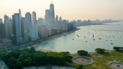 Aerial view of Chicago lakefront and city skyline